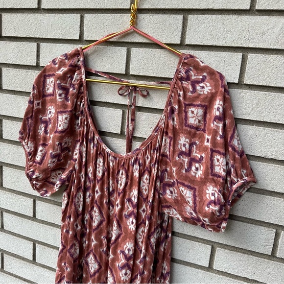 Knox Rose Rust Purple Ikat Puff Sleeve Tiered Midi Dress Pockets Tie Back Size L - Picture 3 of 13